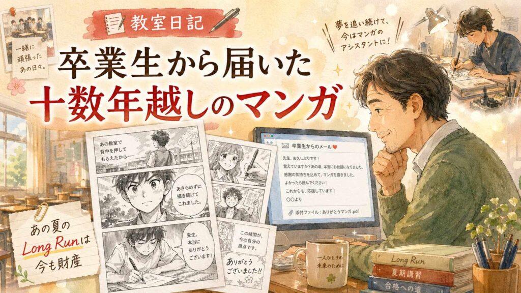 十数年前の卒業生から届いたマンガをきっかけに、塾で過ごした時間や中3の夏のLong Runが大人になっても支えになっていることを表した教室日誌のサムネイル画像