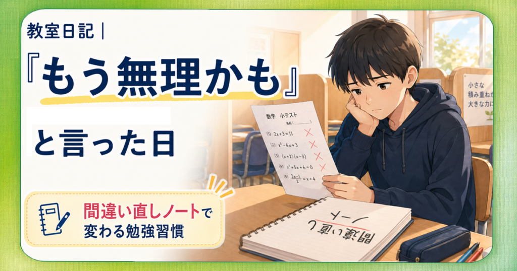 「もう無理かも」と感じた中学生が、数学の小テストと間違い直しノートを前に向き合う教室日記のサムネイル画像