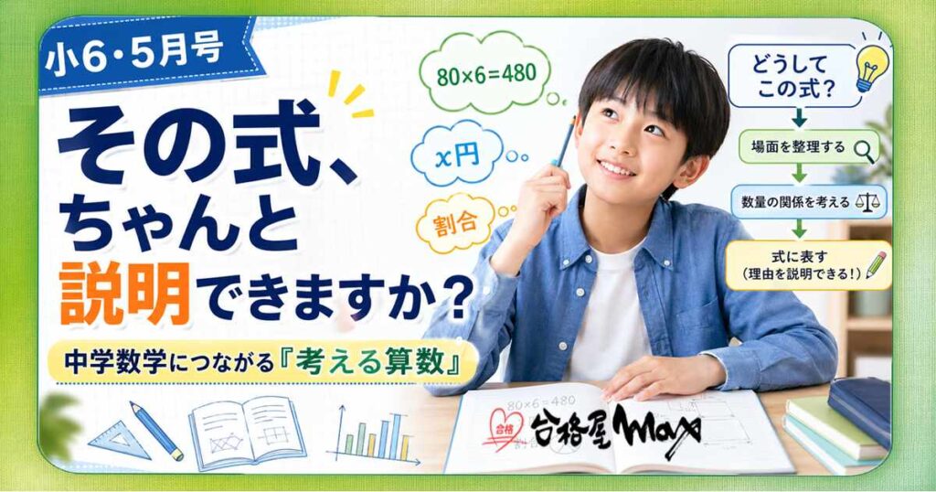 小6・5月号【2026年版】の算数ブログサムネイル。中学数学につながる「考える算数」をテーマに、式の意味を説明する力を育てる大切さを伝える画像。