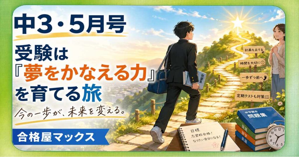 中3・5月号【2024年版】の高校入試ブログサムネイル。受験を夢をかなえる力を育てる旅として描き、目標に向かって一歩ずつ進む大切さを伝える画像。