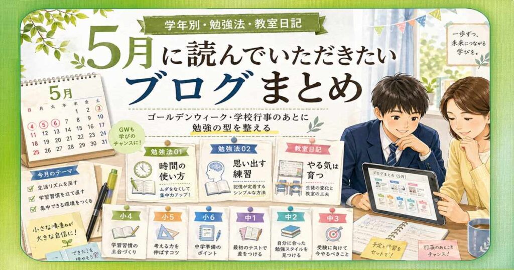 5月に読んでいただきたい学年別ブログまとめのサムネイル画像。ゴールデンウィークや学校行事のあとに勉強の型を整えるため、小4から中3までの学年別記事、勉強法、教室日記を紹介している様子を表しています。