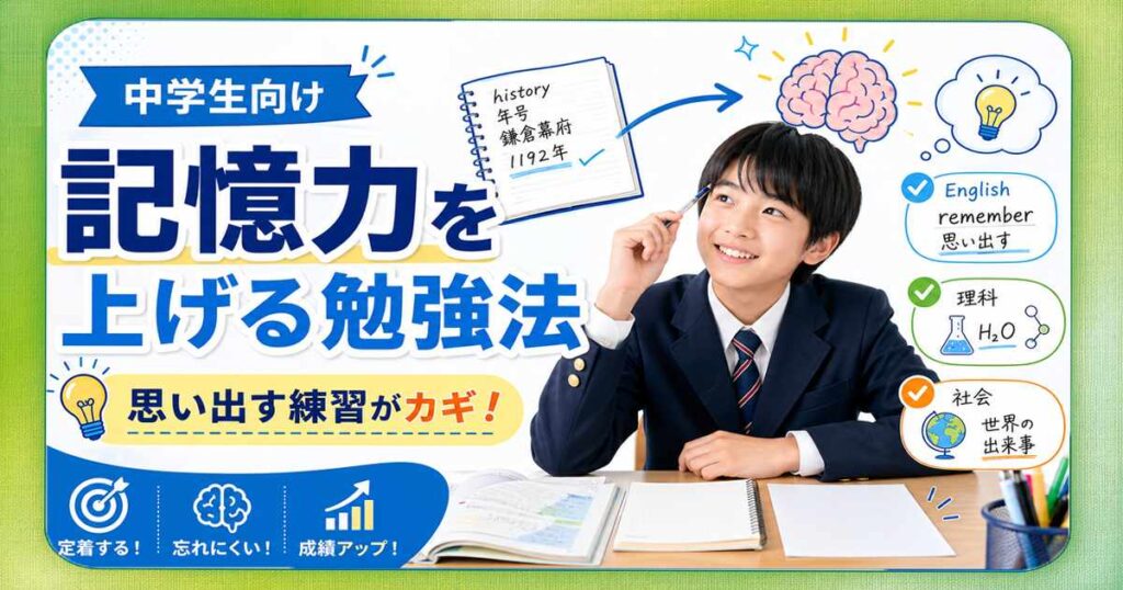 中学生向けに記憶力を上げる勉強法として、ノートを閉じて思い出す練習をする様子を表したサムネイル画像