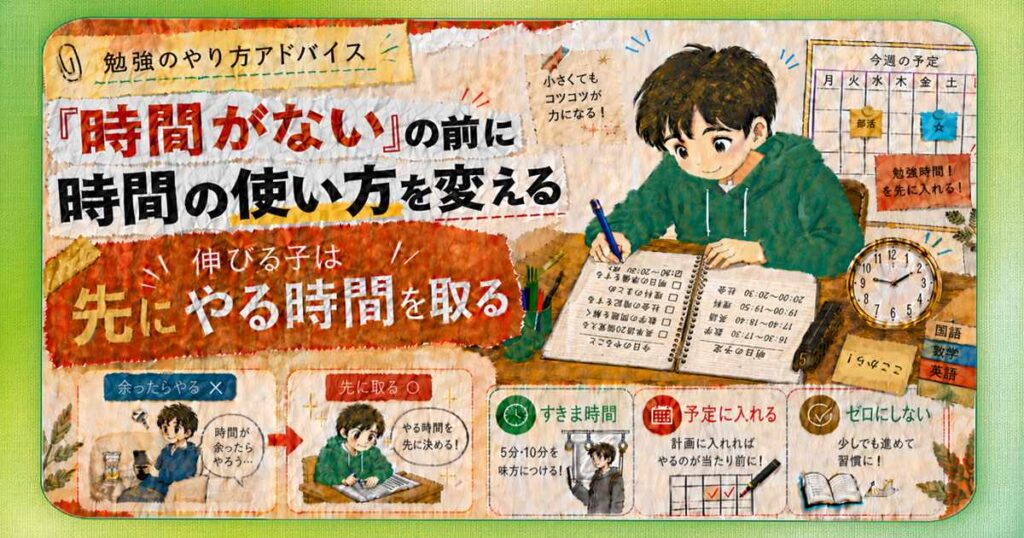 「時間がない」の前に時間の使い方を変えることをテーマに、勉強時間を先に決めて宿題や課題に取り組む中学生の様子を描いたサムネイル画像