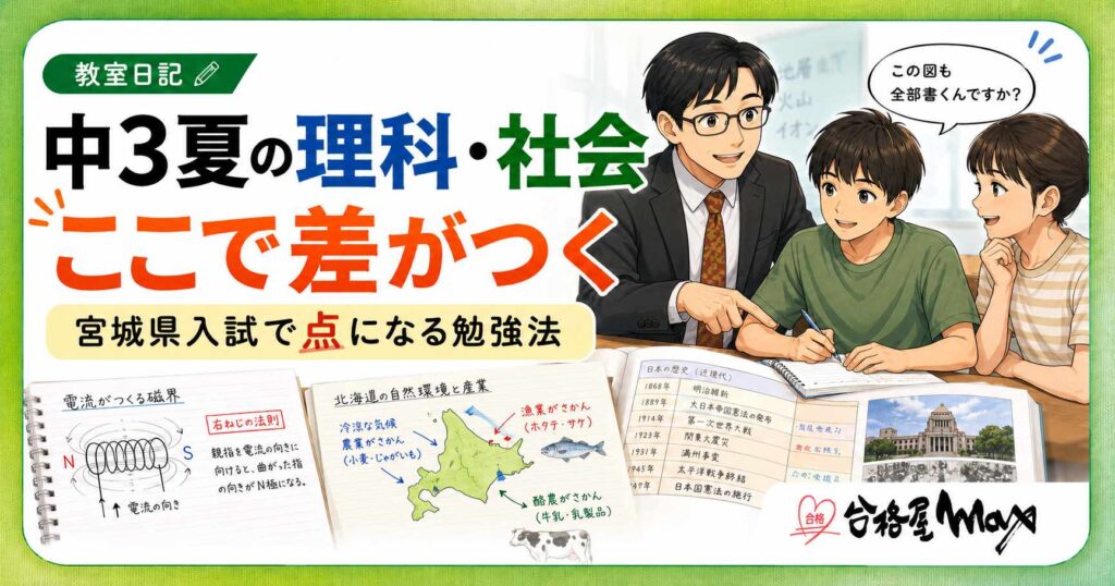 中3夏の理科・社会を宮城県入試で点につなげる勉強法を紹介する教室日記のサムネイル。先生と中学生が理科の図、地理の地図、歴史の年表を使って学んでいる。