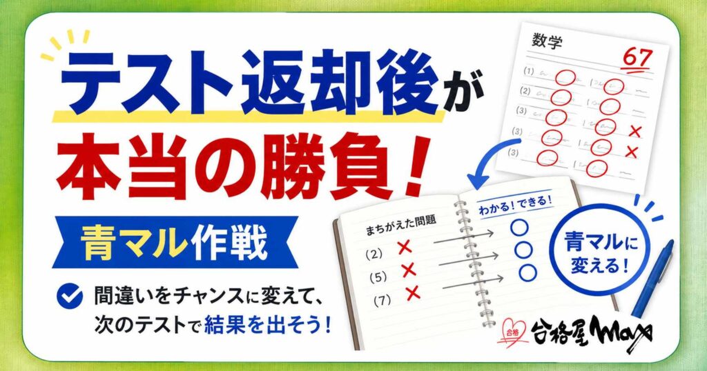 テスト返却後の復習法「青マル作戦」を紹介するスタディアドバイスのサムネイル。赤い丸やバツがついたテスト用紙と、青マルに変えるノートの図が描かれ、「テスト返却後が本当の勝負！」と大きく表示されている。